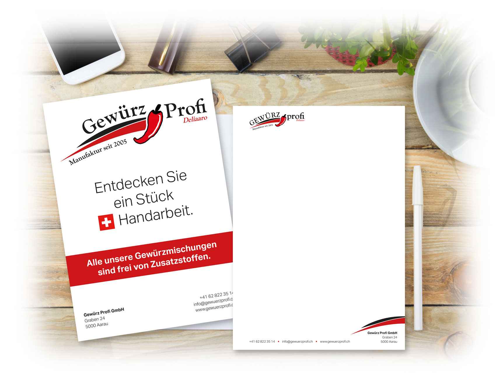Neugestaltung diverse Drucksachen und Logo vom Gewürz Profi GmbH Aarau